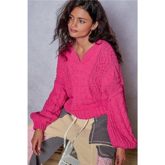 POL Cable-Knit Solid V-Neck Cropped Sweater - Picture 11 of 11